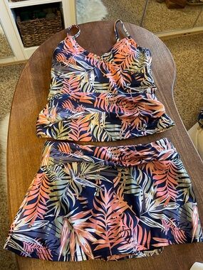 Tropical Leaf Swim Tankini & Skirted Bikini Bottom - Navy and Coral